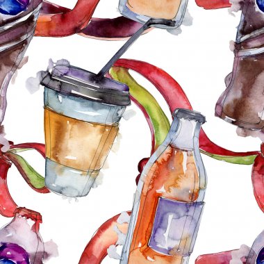 Taze ve soğuk alkolsüz içecekler. Suluboya arka plan illüstrasyon seti. Kesintisiz arka plan deseni.