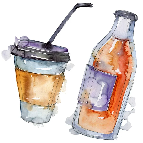 Refrescos frescos y fríos. Conjunto de ilustración de fondo acuarela. Elemento ilustrativo de bebidas aisladas . — Foto de Stock