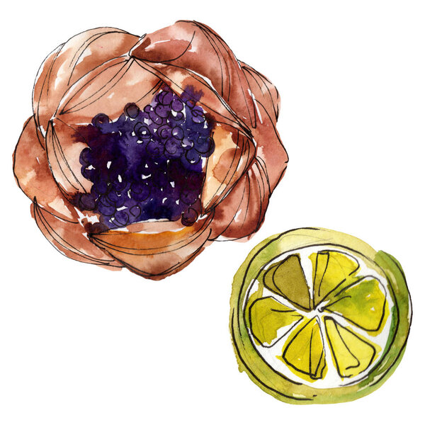 Tasty cake and bun sweet dessert. Watercolor background illustration set. Isolated desserts illustration element.