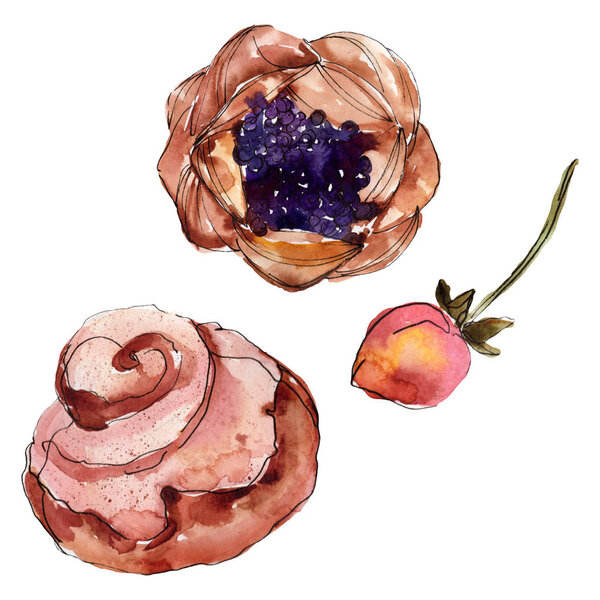 Tasty cake and bun sweet dessert. Watercolor background illustration set. Isolated desserts illustration element.