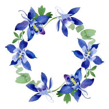 Mavi aquilegia çiçek botanik çiçekler. Suluboya arka plan illüstrasyon seti. Çerçeve kenarlık süs karesi.