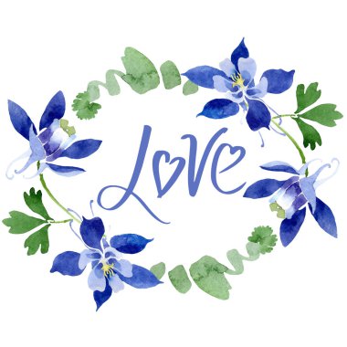 Mavi aquilegia çiçek botanik çiçekler. Suluboya arka plan illüstrasyon seti. Çerçeve kenarlık süs karesi.