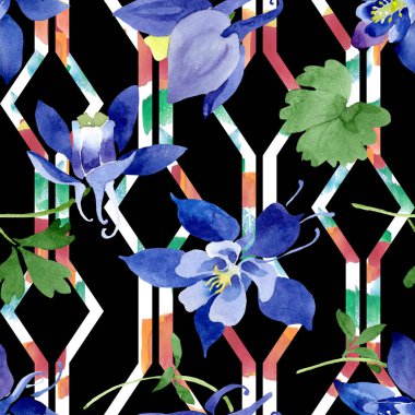 Mavi aquilegia çiçek botanik çiçekler. Suluboya arka plan illüstrasyon seti. Kesintisiz arka plan deseni.