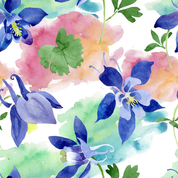 Blå Aquilegia blommiga botaniska blommor. Akvarell bakgrund illustration uppsättning. Sömlöst bakgrundsmönster. — Stockfoto