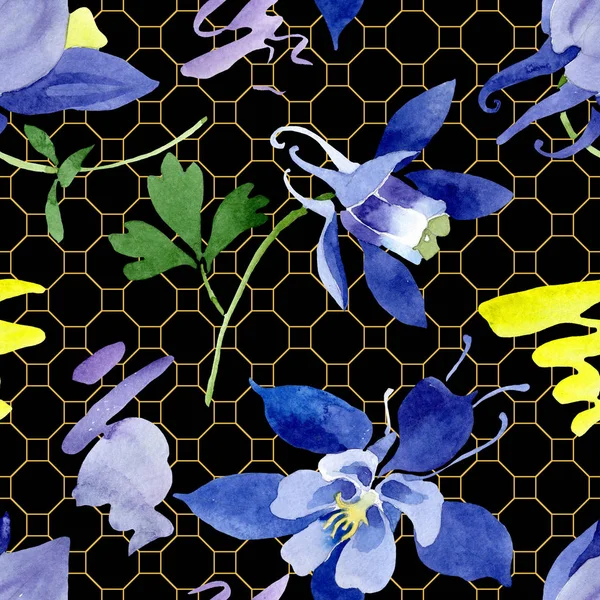 蓝色阿奎莱吉亚花卉植物花。水彩背景插图集。无缝背景模式. — 图库照片