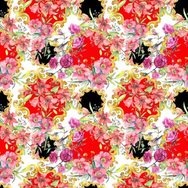 Kuş ile buket çiçek botanik çiçekler. Suluboya arka plan illüstrasyon seti. Kesintisiz arka plan deseni.