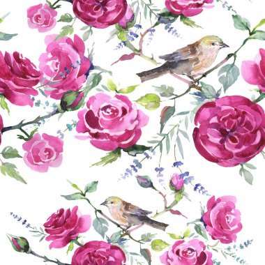 Kuş ile buket çiçek botanik çiçekler. Suluboya arka plan illüstrasyon seti. Kesintisiz arka plan deseni.