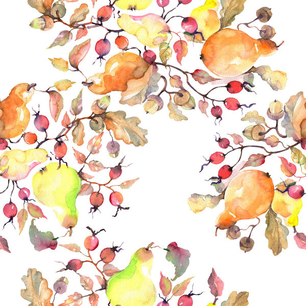 Branch of pears with rose hips fruit. Watercolor background illustration set. Seamless background pattern.