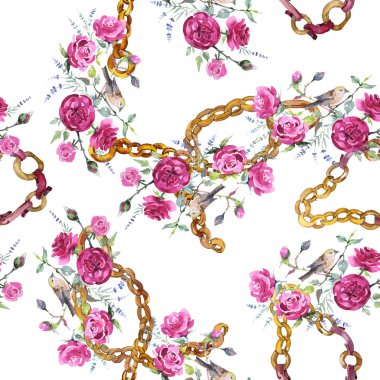 Kuş ile buket çiçek botanik çiçekler. Suluboya arka plan illüstrasyon seti. Kesintisiz arka plan deseni.