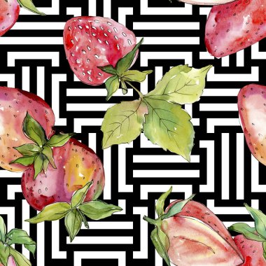 Çilek sağlıklı gıda taze meyve. Suluboya arka plan illüstrasyon seti. Kesintisiz arka plan deseni.