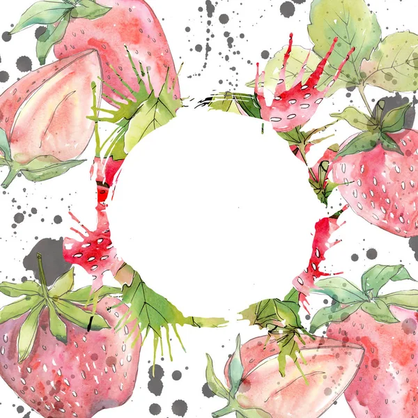 Fresa comida sana fresa fresca. Conjunto de ilustración de fondo acuarela. Marco borde ornamento cuadrado . —  Fotos de Stock