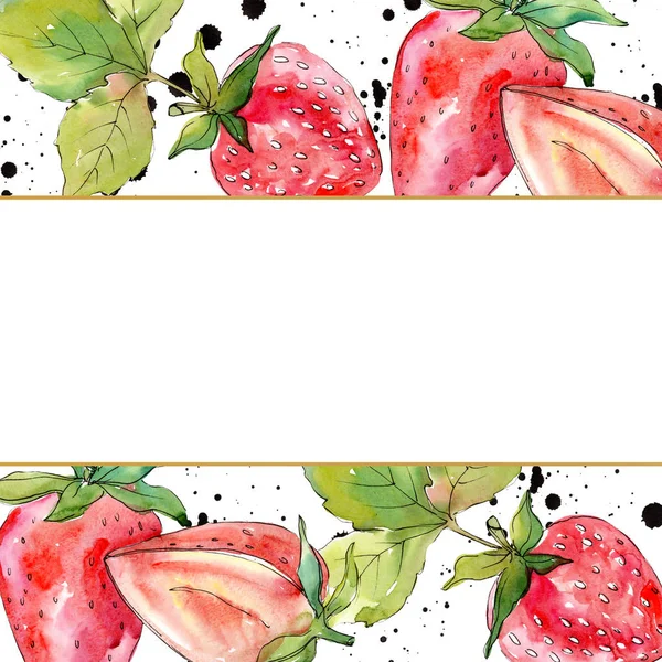 Strawberry healthy food fresh berry. Watercolor background illustration set. Frame border ornament square. — Stock Photo, Image