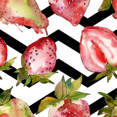 Çilek sağlıklı gıda taze meyve. Suluboya arka plan illüstrasyon seti. Kesintisiz arka plan deseni.