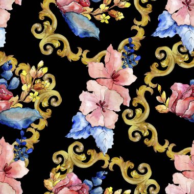 Buketler çiçek botanik çiçekler. Suluboya arka plan illüstrasyon küme. Sorunsuz arka plan deseni.