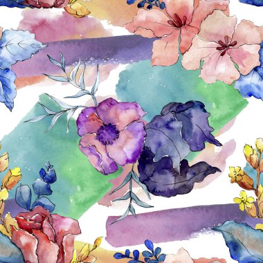 Buketler çiçek botanik çiçekler. Suluboya arka plan illüstrasyon küme. Sorunsuz arka plan deseni.