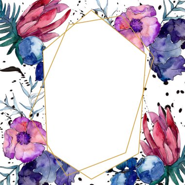 Buketler çiçek botanik çiçekler. Suluboya arka plan illüstrasyon küme. Çerçeve kenarlığı süsleme Meydanı.