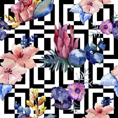 Buketler çiçek botanik çiçekler. Suluboya arka plan illüstrasyon küme. Sorunsuz arka plan deseni.