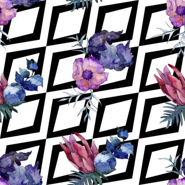 Buketler çiçek botanik çiçekler. Suluboya arka plan illüstrasyon küme. Sorunsuz arka plan deseni.