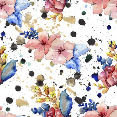 Buketler çiçek botanik çiçekler. Suluboya arka plan illüstrasyon küme. Sorunsuz arka plan deseni.