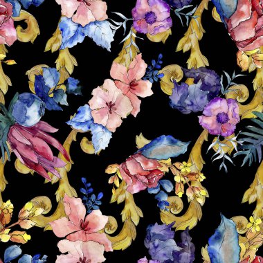 Buketler çiçek botanik çiçekler. Suluboya arka plan illüstrasyon küme. Sorunsuz arka plan deseni.