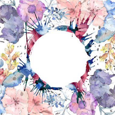 Buketler çiçek botanik çiçekler. Suluboya arka plan illüstrasyon küme. Çerçeve kenarlığı süsleme Meydanı.