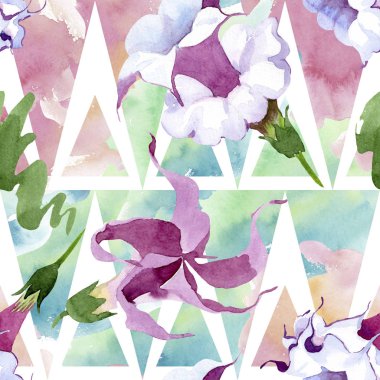 Brugmansia çiçek botanik çiçekleri. Suluboya arka plan illüstrasyon seti. Kesintisiz arka plan deseni.