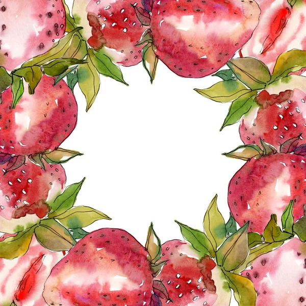 Erdbeere gesunde Nahrung frische Beeren. Aquarell Hintergrundillustration Set. Rahmen Rand Ornament Quadrat. — Stockfoto