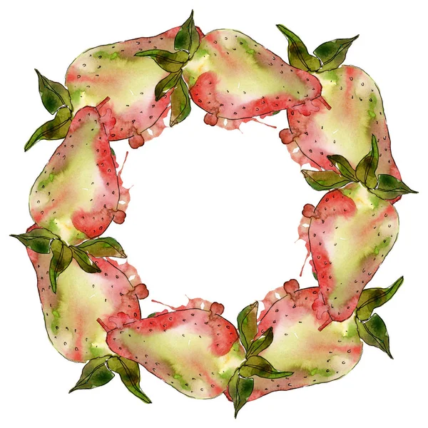 Fresa comida sana fresa fresca. Conjunto de ilustración de fondo acuarela. Marco borde ornamento cuadrado . — Foto de Stock