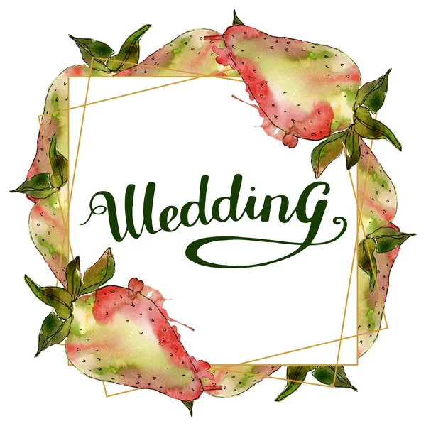 Erdbeere gesunde Nahrung frische Beeren. Aquarell Hintergrundillustration Set. Rahmen Rand Ornament Quadrat. — Stockfoto