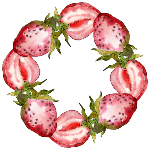 Căpșuni alimente sănătoase boabe proaspete. Set de ilustrații de fundal acuarelă. Cadru ornament de frontieră pătrat . — Fotografie, imagine de stoc