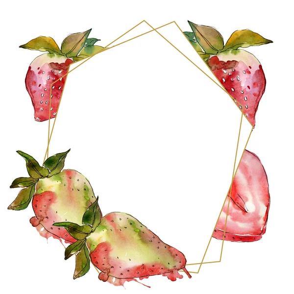 Căpșuni alimente sănătoase boabe proaspete. Set de ilustrații de fundal acuarelă. Cadru ornament de frontieră pătrat . — Fotografie, imagine de stoc