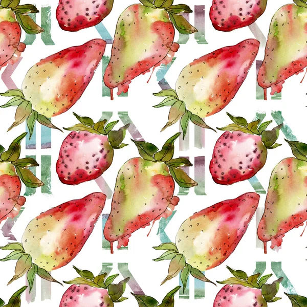 Strawberry healthy food fresh berry. Watercolor background illustration set. Seamless background pattern. — Stock Photo, Image