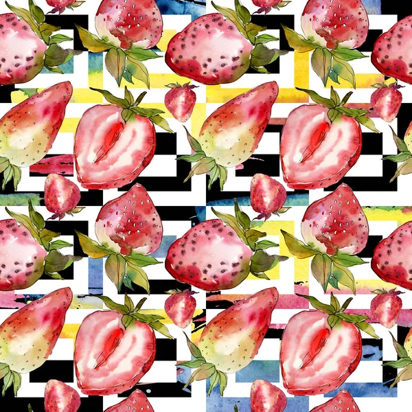 Strawberry healthy food fresh berry. Watercolor background illustration set. Seamless background pattern. — Stock Photo, Image