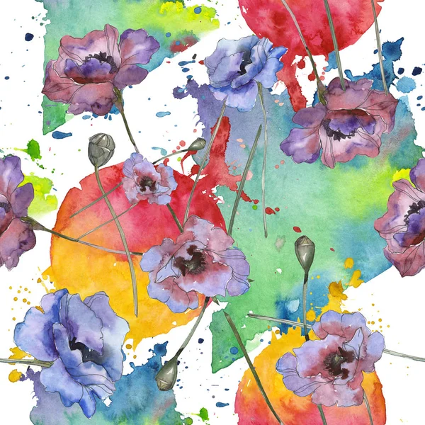 Fleurs botaniques florales de pavot. Ensemble d'illustration de fond aquarelle. Modèle de fond sans couture . — Photo