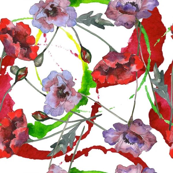 Flores botánicas florales de amapola. Conjunto de ilustración de fondo acuarela. Patrón de fondo sin costuras . —  Fotos de Stock