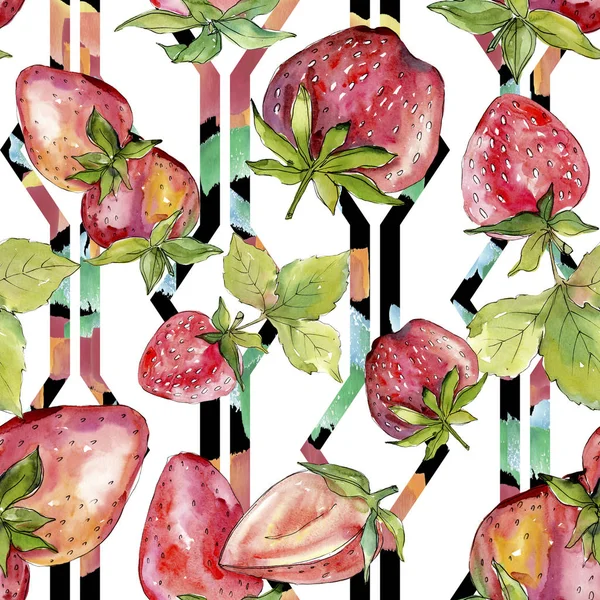 Fresa comida sana fresa fresca. Conjunto de ilustración de fondo acuarela. Patrón de fondo sin costuras . —  Fotos de Stock
