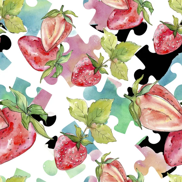 Fresa comida sana fresa fresca. Conjunto de ilustración de fondo acuarela. Patrón de fondo sin costuras . — Foto de Stock