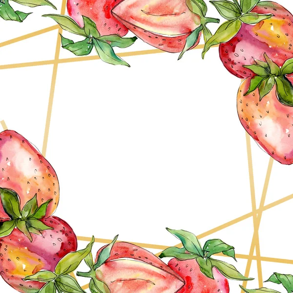 Fresa comida sana fresa fresca. Conjunto de ilustración de fondo acuarela. Marco borde ornamento cuadrado . — Foto de Stock