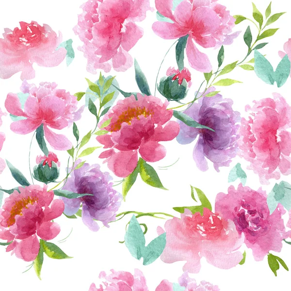 Peony floral botanical flowers. Watercolor background illustration set. Seamless background pattern. — Stock Photo, Image