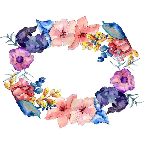 부케 꽃 식물 꽃입니다. 수채화 배경 그림 설정 합니다. 프레임 테두리 장식 스퀘어. — 스톡 사진