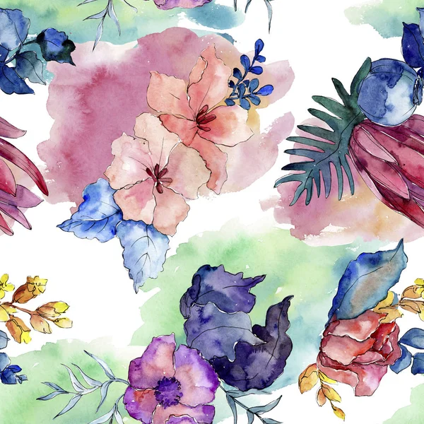 Blumensträuße botanische Blumen. Aquarell Hintergrundillustration Set. nahtloses Hintergrundmuster. — Stockfoto