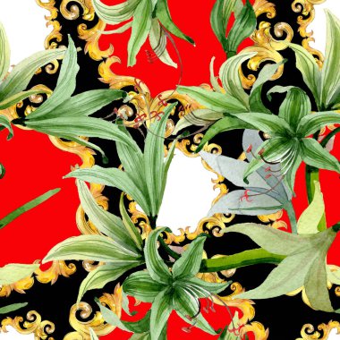 Amaryllis çiçek botanik çiçekleri. Suluboya arka plan illüstrasyon seti. Kesintisiz arka plan deseni.