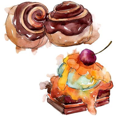 Lezzetli kek ve çörek tatlısı. Suluboya arka plan illüstrasyon seti. İzole tatlılar illüstrasyon elemanı.