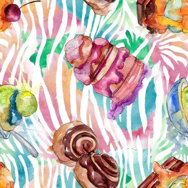 Lezzetli kek ve çörek tatlısı. Suluboya arka plan illüstrasyon seti. Kesintisiz arka plan deseni.