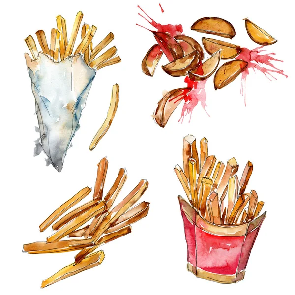 Papas fritas de comida rápida. Conjunto de ilustración de fondo acuarela. Elemento de ilustración de snack aislado . —  Fotos de Stock