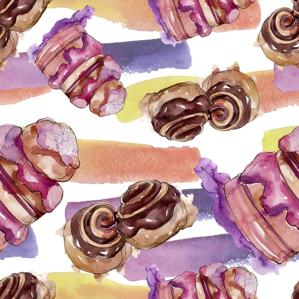 Tasty cake and bun sweet dessert. Watercolor background illustration set. Seamless background pattern. — Stock Photo, Image