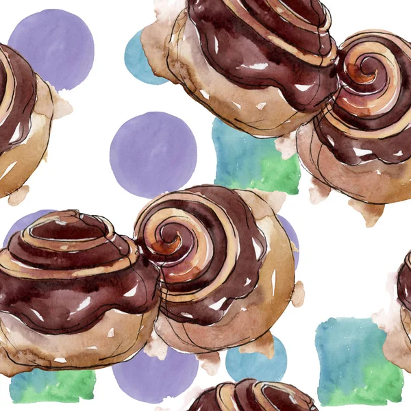 Smakelijke cake en broodje zoete dessert. Aquarel achtergrond illustratie instellen. Naadloos achtergrond patroon. — Stockfoto