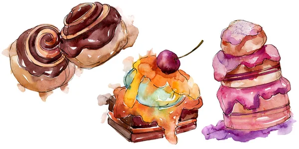 Tasty cake and bun sweet dessert. Watercolor background illustration set. Isolated desserts illustration element. — Stock Photo, Image