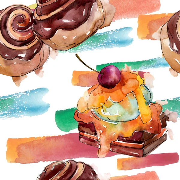 Tasty cake and bun sweet dessert. Watercolor background illustration set. Seamless background pattern. — Stock Photo, Image
