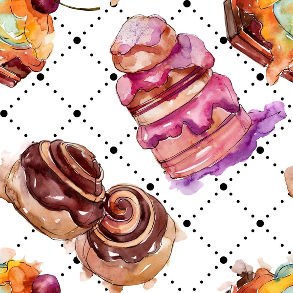 Tasty cake and bun sweet dessert. Watercolor background illustration set. Seamless background pattern. — Stock Photo, Image